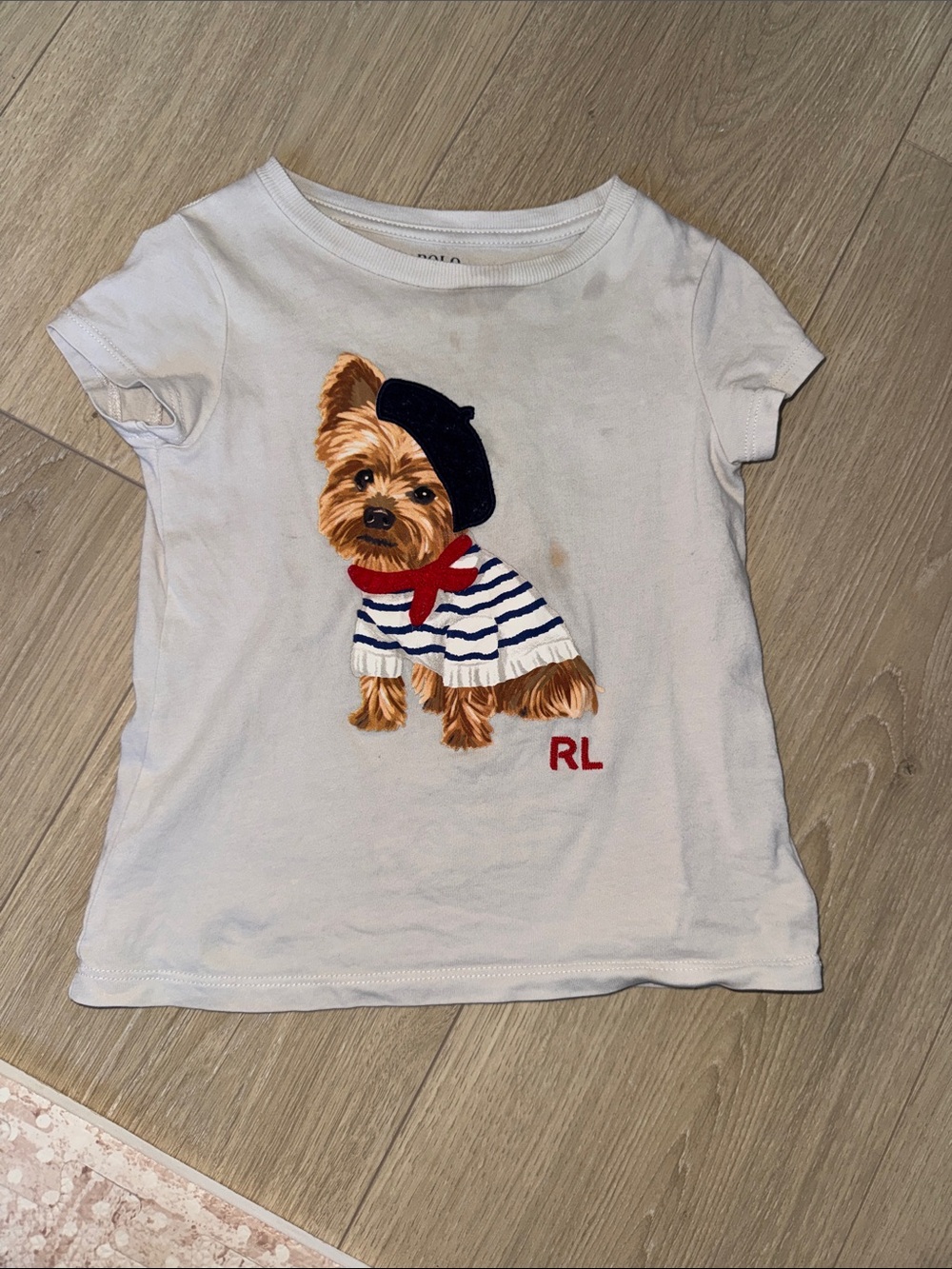 Ralph Lauren White Dog Graphic Tee with Navy & Red Accents